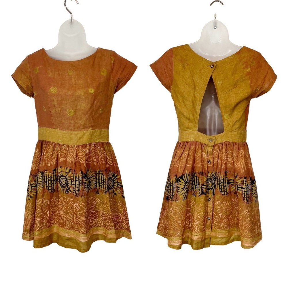 Kenny 100% Linen Mini Dress Back cutout Size S Tribal neutral earth tones vacay